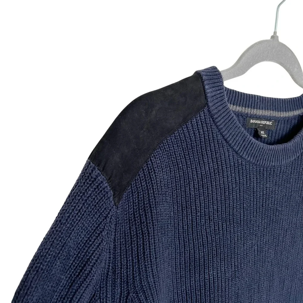 Banana Republic Mens XL Navy Blue Ribbed Cotton Sweater Suede Shoulder Patch